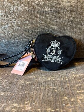 Juicy Couture Black Heart-Shaped Suede Coin Pouch with White Crest